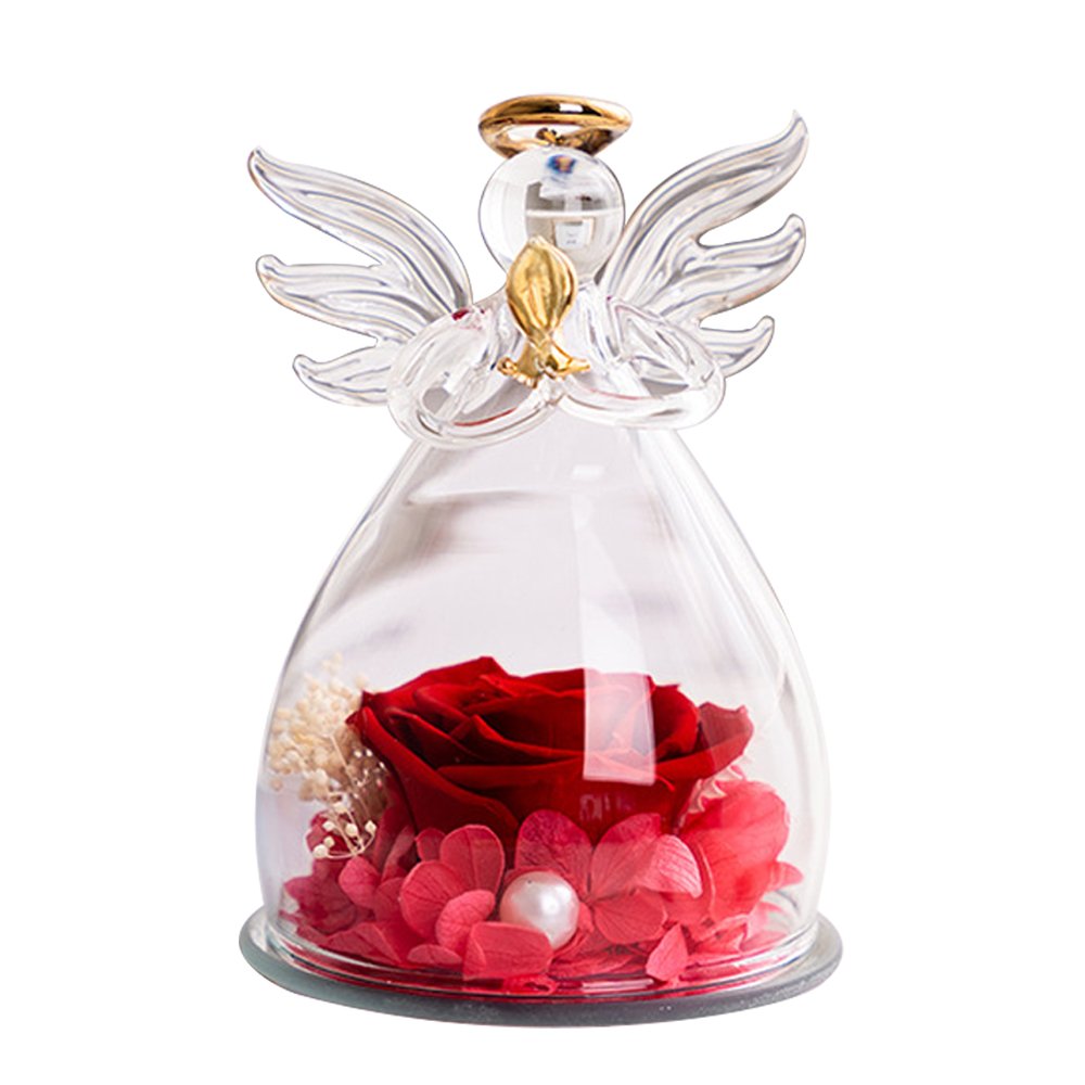 Christmas Preserved Rose Birthday Gifts Women Mom Grandma Wife Glass Angel Figurines Gifts with Pretty Red Flowers