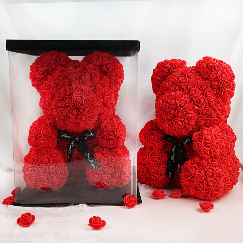 Artificial Flowers Bear PVC Box Foam PE Floral Valentine Gifts Rose Bear with Gift Box