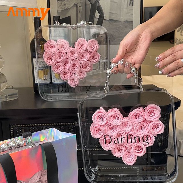 AM-PFE70 Ammy preserver flower Love Heart acrylic gift box eternal flower in box preserve roses Valentine's Day Gifts