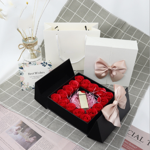 16 Soap Rose Flower Box Double Door Jewelry Box Preserved Flower Mother's Day Gift Bow Jewelry Gift Lipstick Necklace Box