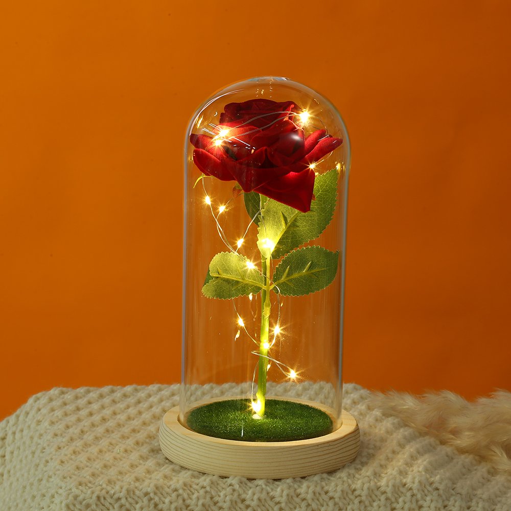 Rose Glass LED Lights Beauty and the Beast Rose Wholesale Preserved Eternal Roses in Glass Dome
