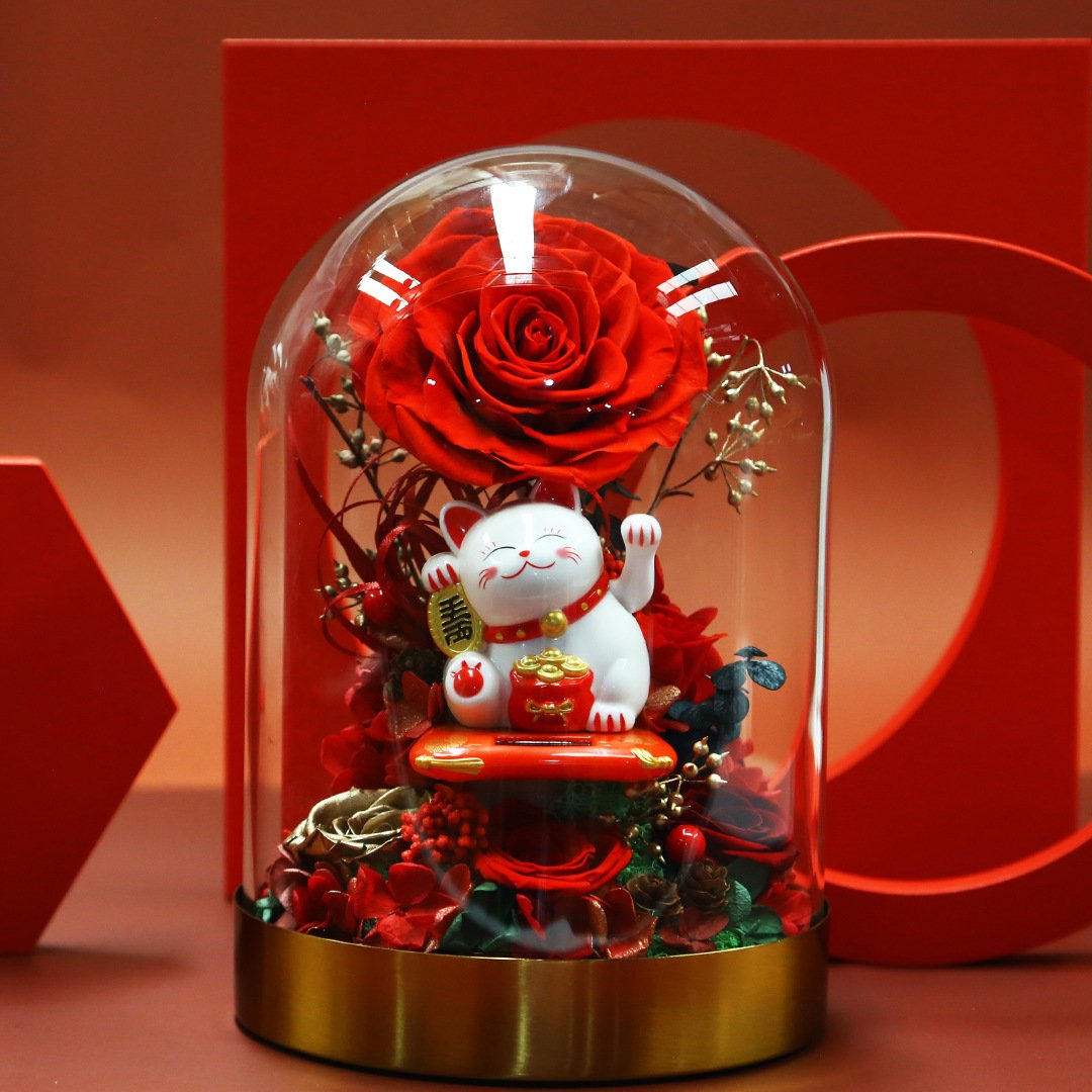 Hot Sale Lovely Lucky Cat Arts Crafts Shop Opening Gifts Home Decoration Eternal Roses Forever Preserved Flowers In Glass Dome