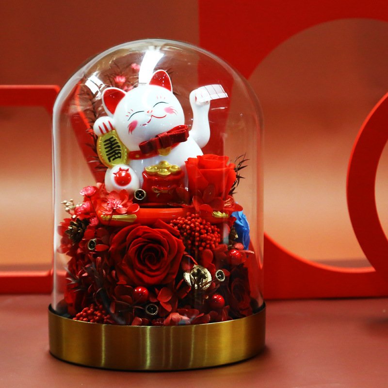 Hot Sale Lovely Lucky Cat Arts Crafts Shop Opening Gifts Home Decoration Eternal Roses Forever Preserved Flowers In Glass Dome