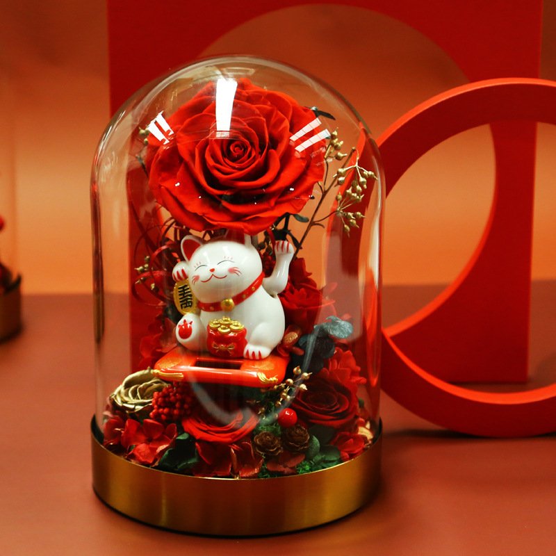 Hot Sale Lovely Lucky Cat Arts Crafts Shop Opening Gifts Home Decoration Eternal Roses Forever Preserved Flowers In Glass Dome