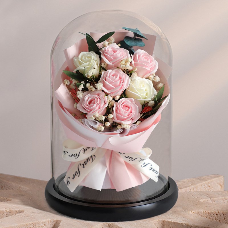 Wholesale soap flower bouquet rose flower wooden gift box with glass dome