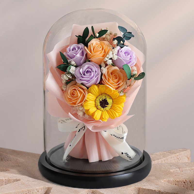 Wholesale soap flower bouquet rose flower wooden gift box with glass dome