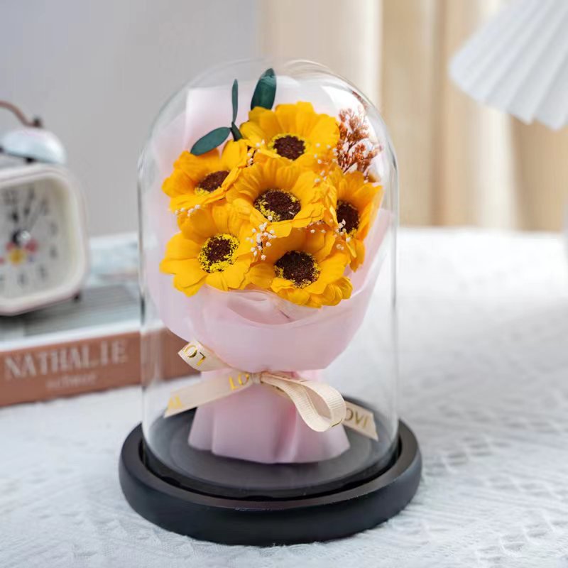 Wholesale soap flower bouquet rose flower wooden gift box with glass dome