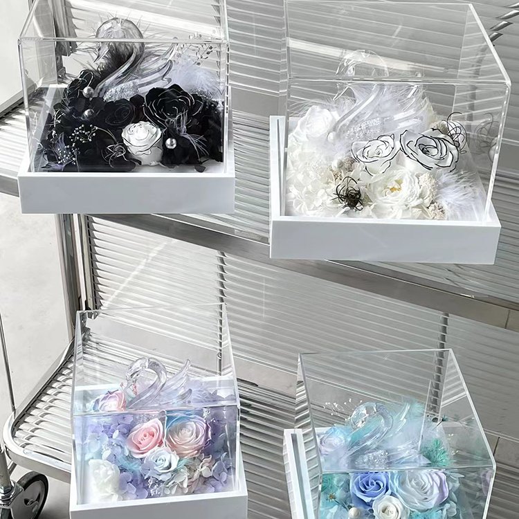 Crystal Swan Shaped Plush Decoration Square Eternal Flower Gift Box Gift for Best Friend
