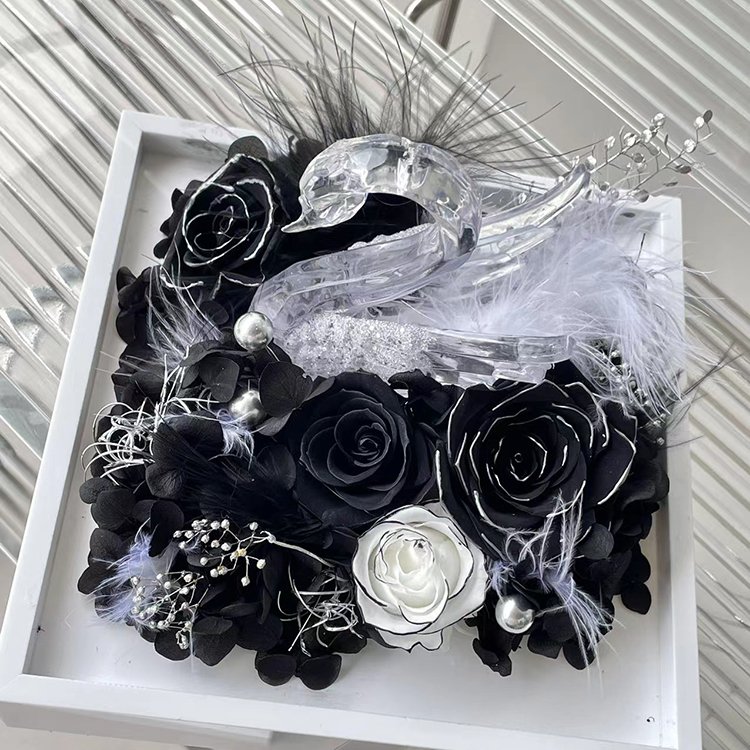 Crystal Swan Shaped Plush Decoration Square Eternal Flower Gift Box Gift for Best Friend