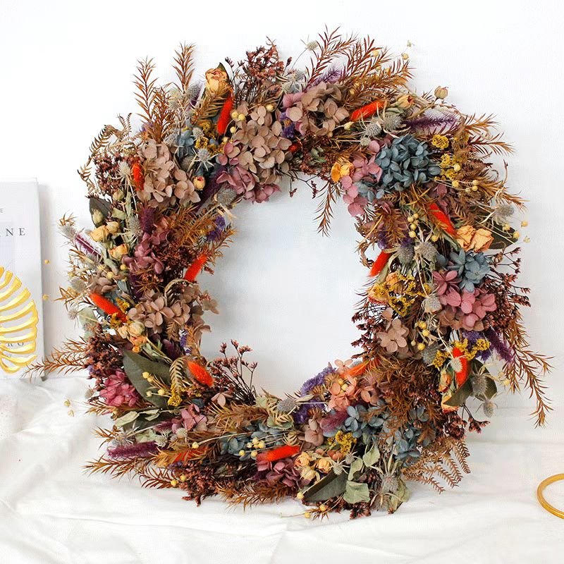 22" Preserved Autumn Dried hydrangea natural Colorful Flower Wreath for Front Door