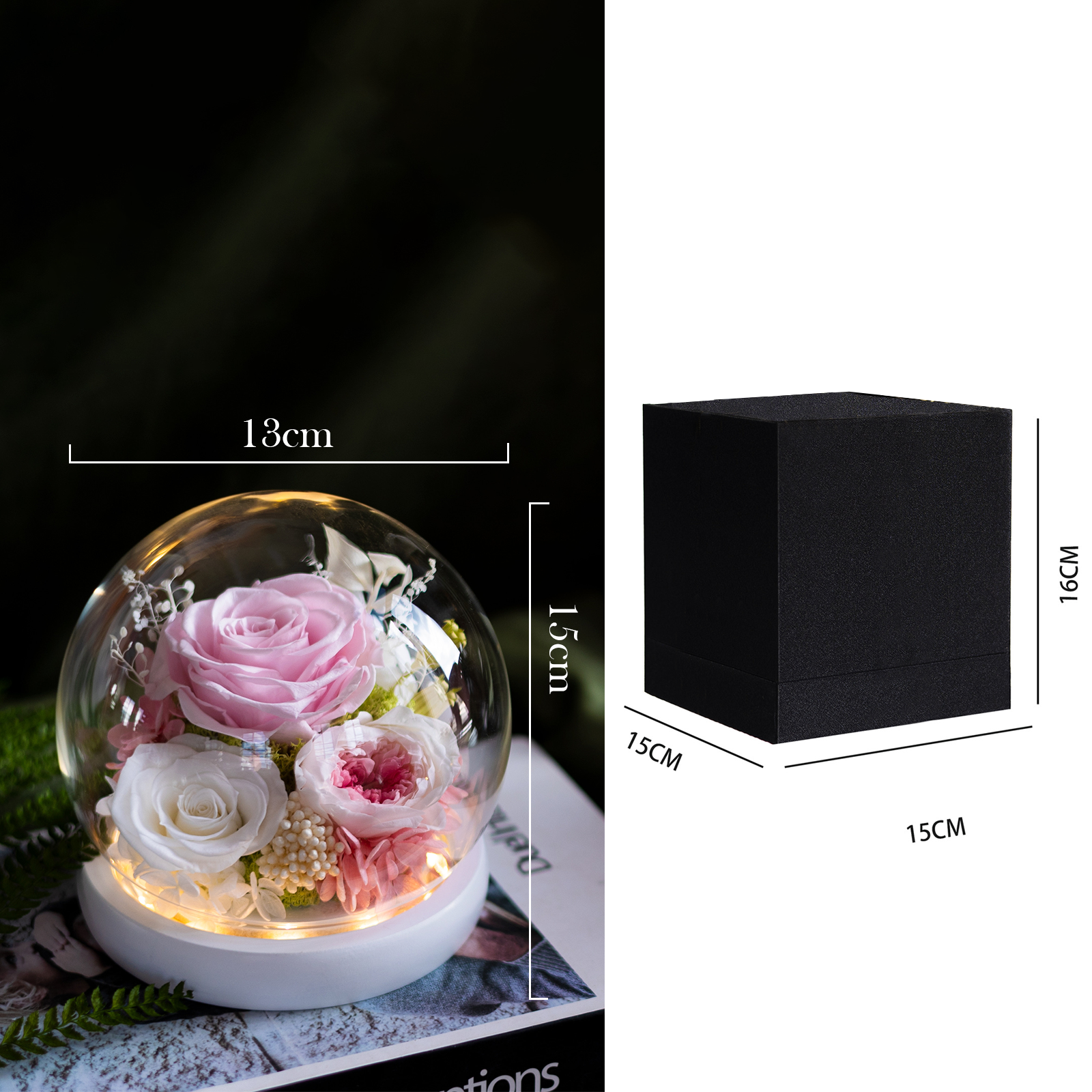Eternal Rose Morthers Day Immortal Blue Hydrangea Peony Everlasting Preserved Flower Carnation Forever Roses In Glass Dome Led