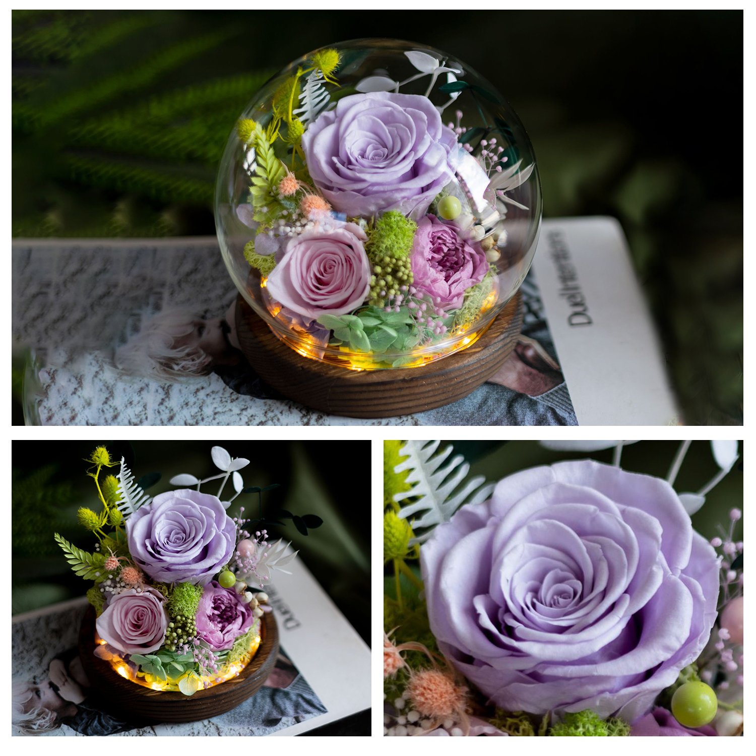 Eternal Rose Morthers Day Immortal Blue Hydrangea Peony Everlasting Preserved Flower Carnation Forever Roses In Glass Dome Led