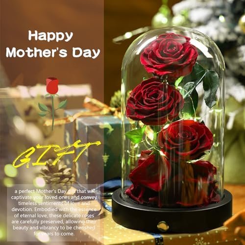Mothers Day Red Roses Gifts for Mom-Preserved Flower Rose in Glass Dome-Forever Real Roses Gifts for Women Mom Wife