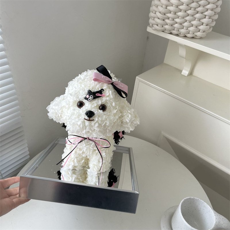 Holiday Valentine Gifts Handmade Preserved Eternal Hydrangea Fresh Flower Teddy Dog Acrylic Ornament Maltese Puppy In Gift Box