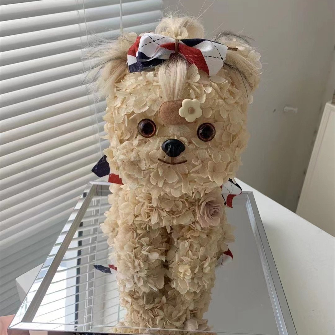 Holiday Valentine Gifts Handmade Preserved Eternal Hydrangea Fresh Flower Teddy Dog Acrylic Ornament Maltese Puppy In Gift Box