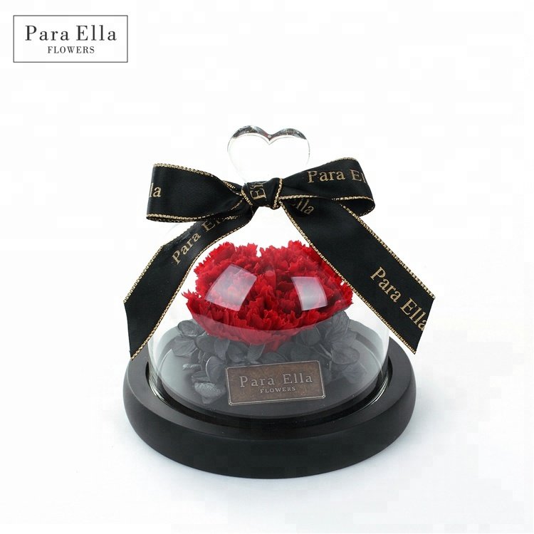Giant Eternal Flower Preserved Carnation with Glass Dome Heart Shaped Mothers Day Gift