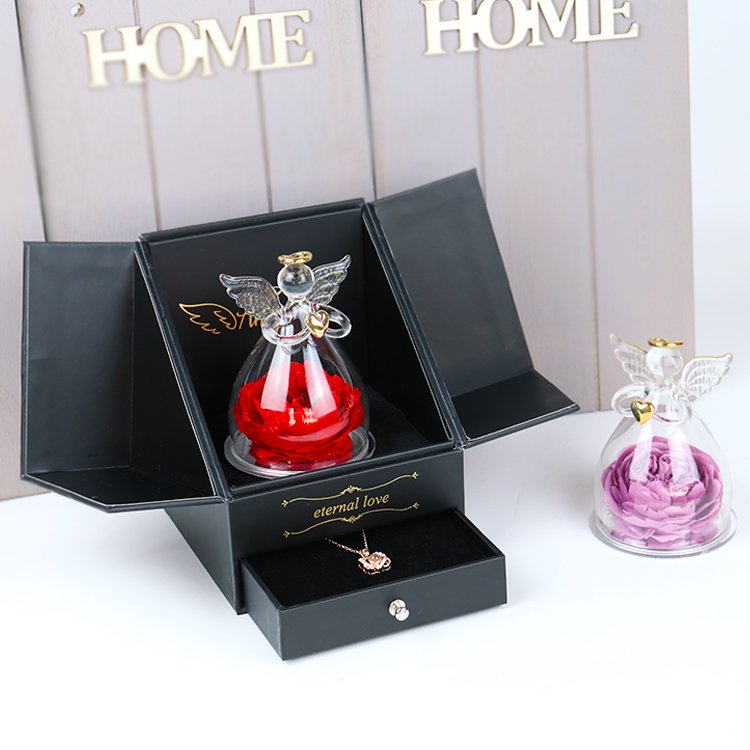 YS-052 wholesale valentines day gift real red square austin preserved roses flowers with jewelry box