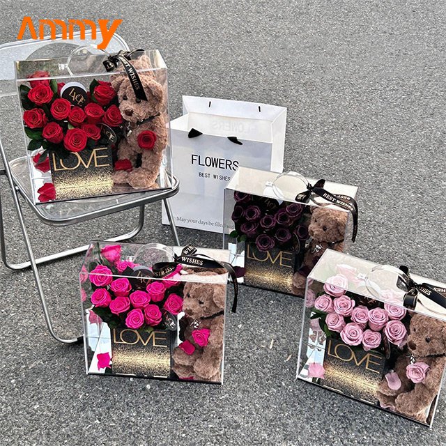 AM-PFE75 Ammy Valentine's Day gifts preserved flower rose teddy bear Garden Acrylic box Immortal flower box new year gifts