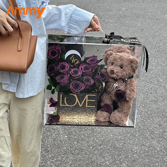 AM-PFE75 Ammy Valentine's Day gifts preserved flower rose teddy bear Garden Acrylic box Immortal flower box new year gifts