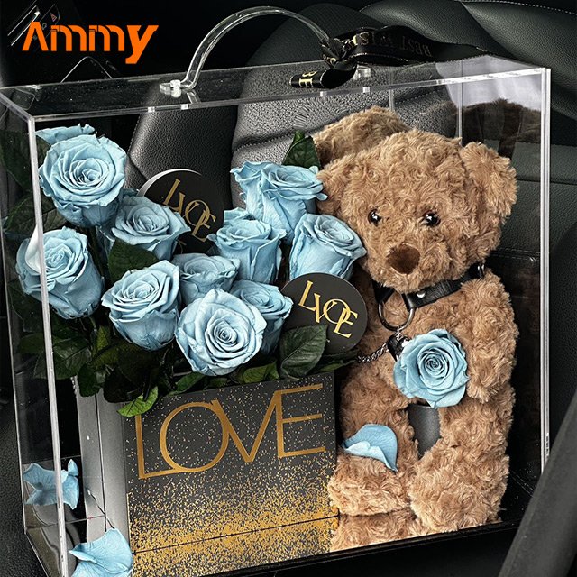 AM-PFE75 Ammy Valentine's Day gifts preserved flower rose teddy bear Garden Acrylic box Immortal flower box new year gifts