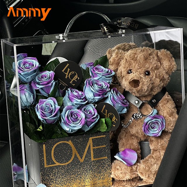 AM-PFE75 Ammy Valentine's Day gifts preserved flower rose teddy bear Garden Acrylic box Immortal flower box new year gifts
