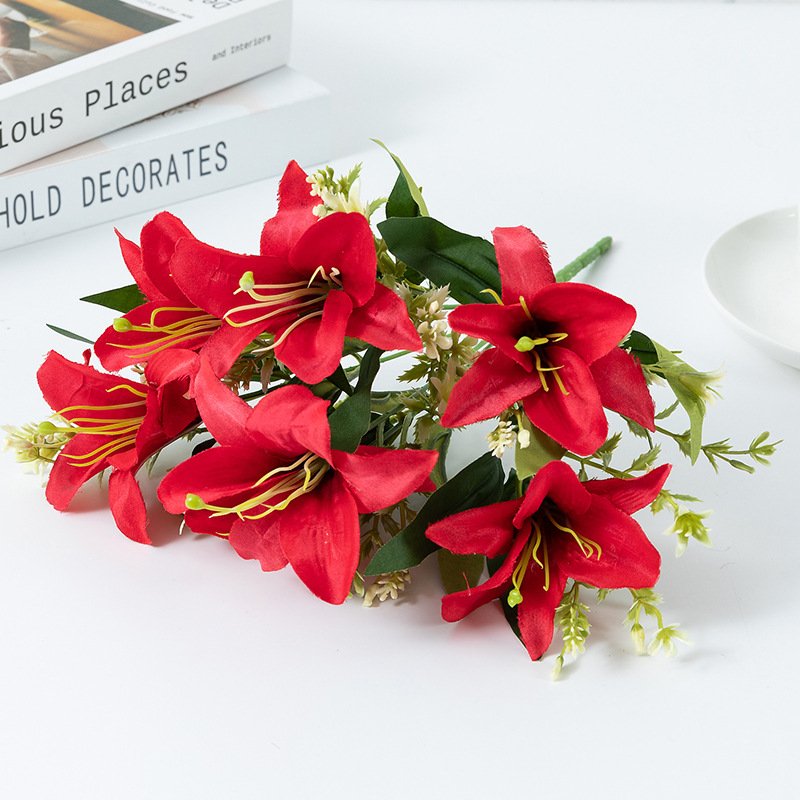 2024 Hot Selling New Products Real Touch Red Lily Silk Flower Lily Bouquet Wedding Home Party Event Stage Decoration Supplies