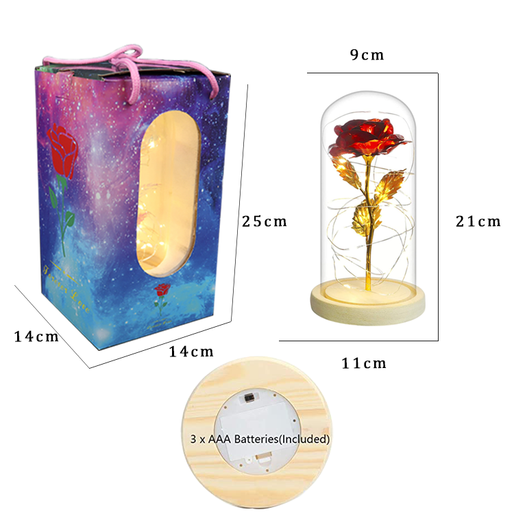 Hot Sale Multi-Color 24k Gold Galaxy Rose with Wooden Base Valentine's Day Christmas for Gift 24k Gold Rose in Glass Dome