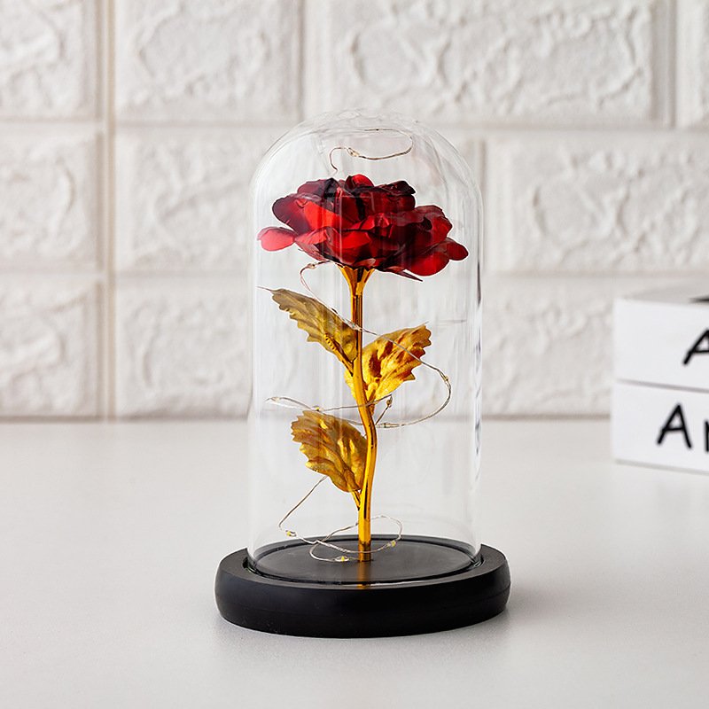 Hot Sale Multi-Color 24k Gold Galaxy Rose with Wooden Base Valentine's Day Christmas for Gift 24k Gold Rose in Glass Dome