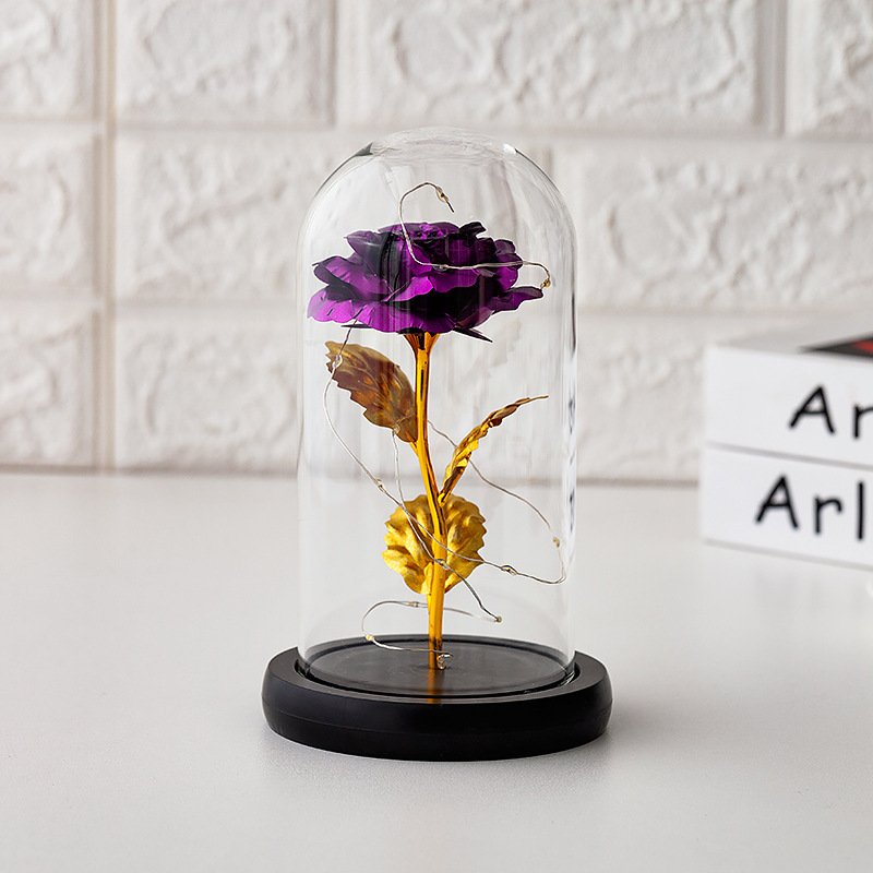 Hot Sale Multi-Color 24k Gold Galaxy Rose with Wooden Base Valentine's Day Christmas for Gift 24k Gold Rose in Glass Dome