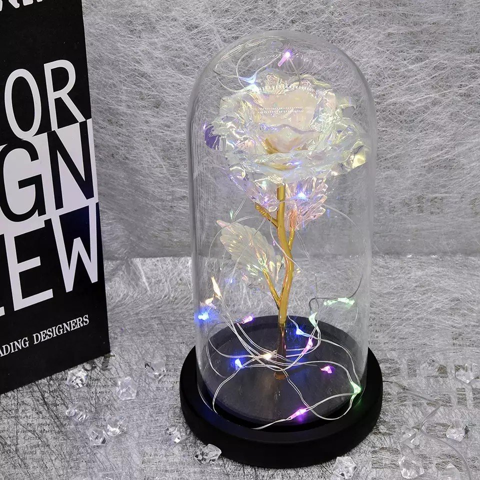 Hot Sale Multi-Color 24k Gold Galaxy Rose with Wooden Base Valentine's Day Christmas for Gift 24k Gold Rose in Glass Dome