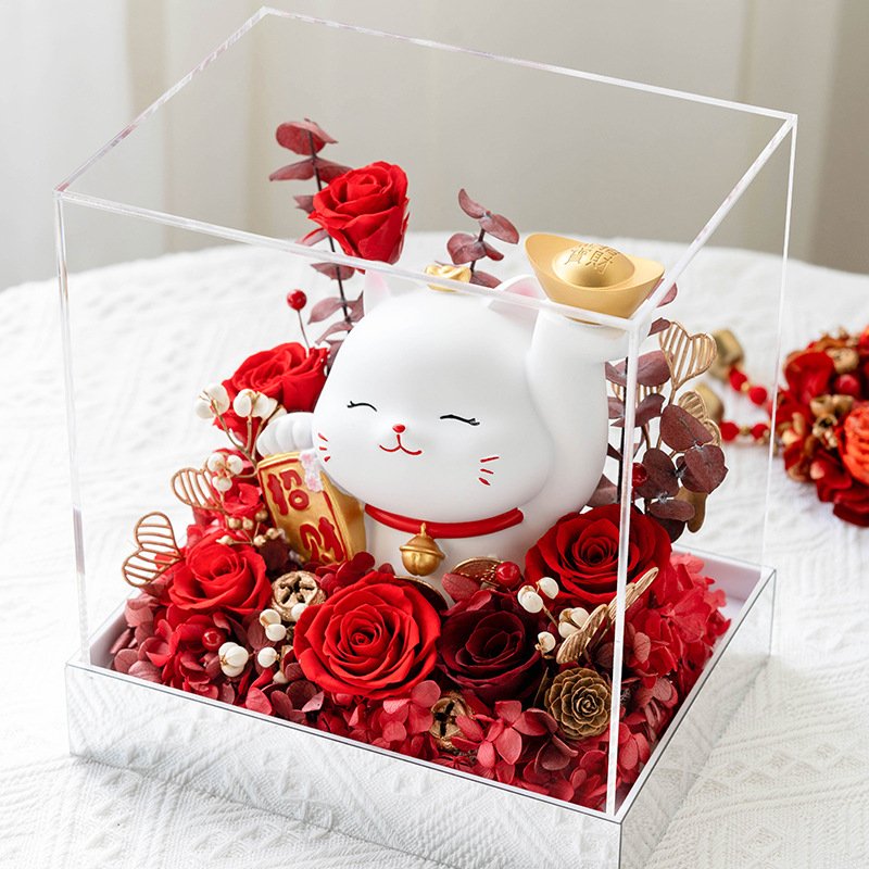2024 High Quality Lucky Cute Ceramic Cat Eternal Flower Ornament Forever Preserved Flowers Gift Box