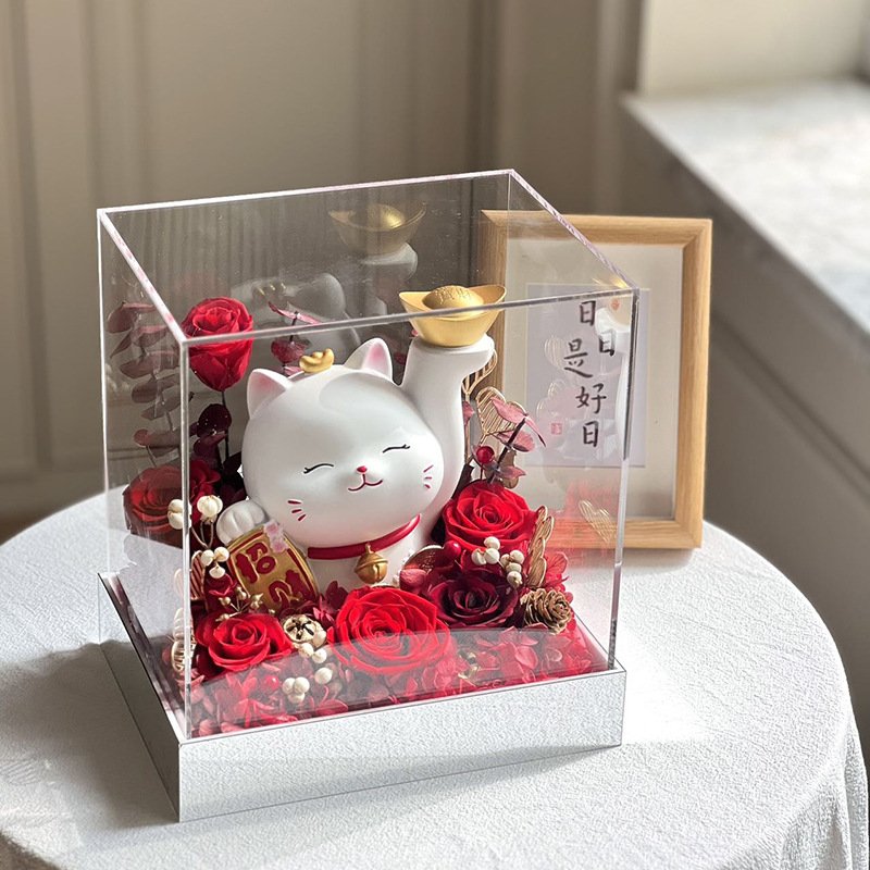 2024 High Quality Lucky Cute Ceramic Cat Eternal Flower Ornament Forever Preserved Flowers Gift Box