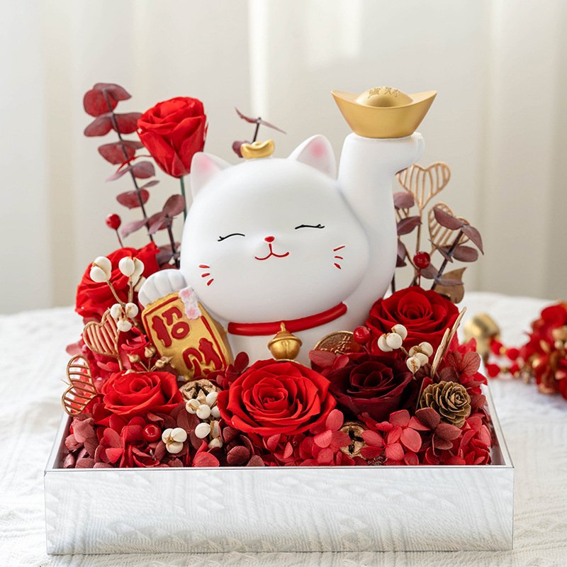 2024 High Quality Lucky Cute Ceramic Cat Eternal Flower Ornament Forever Preserved Flowers Gift Box
