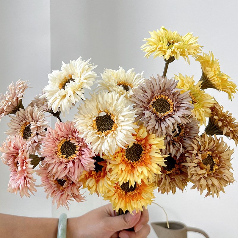 Floral Arrangement Decorative Korean Style Silk African Daisy Flower Artificial Brushed Gerbera Chrysanthemum Bouquet