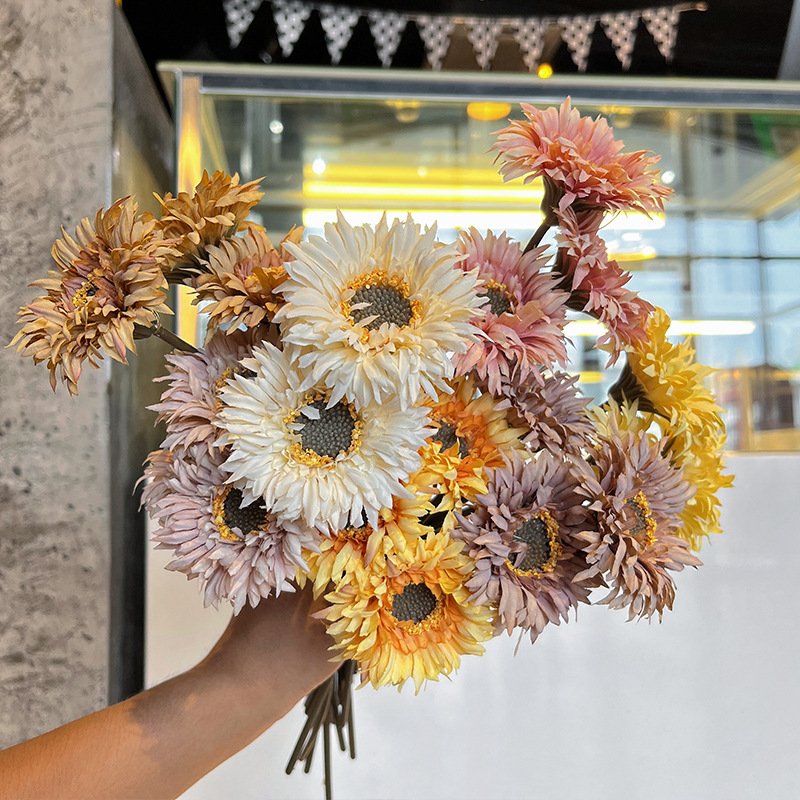 Floral Arrangement Decorative Korean Style Silk African Daisy Flower Artificial Brushed Gerbera Chrysanthemum Bouquet