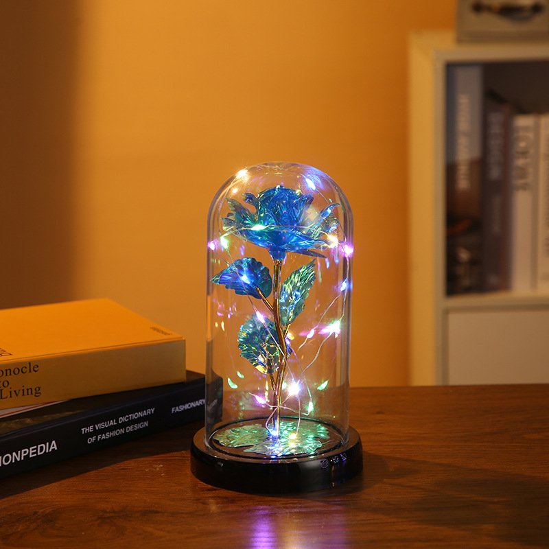 Decorative Led Lamp Galaxy Roses Artificial 24k Gold Foil Rose Flowers In Glass Dome