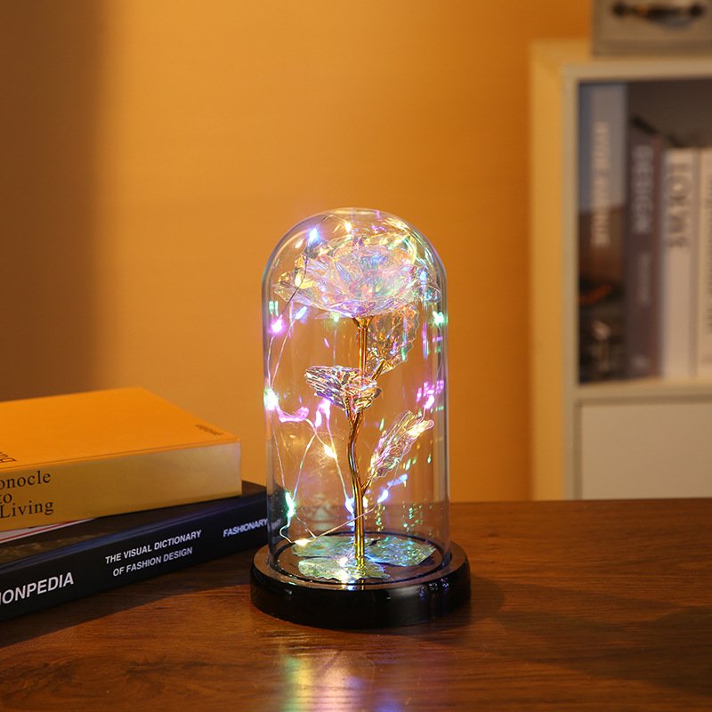 Decorative Led Lamp Galaxy Roses Artificial 24k Gold Foil Rose Flowers In Glass Dome