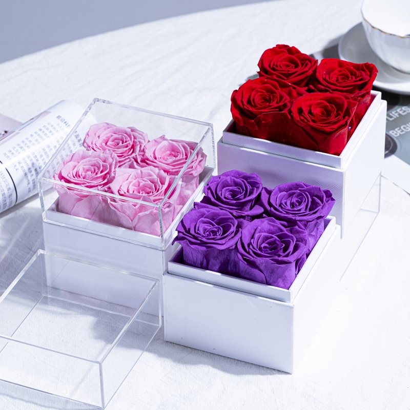 4 Roses Acrylic Lid Square Box S Design Preserved Flowers Plants Easter Chinese New Year Father's Day Thanksgiving Back School