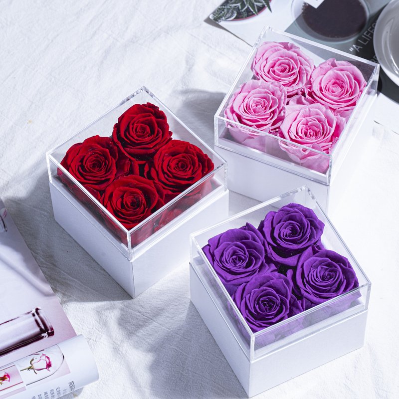 4 Roses Acrylic Lid Square Box S Design Preserved Flowers Plants Easter Chinese New Year Father's Day Thanksgiving Back School