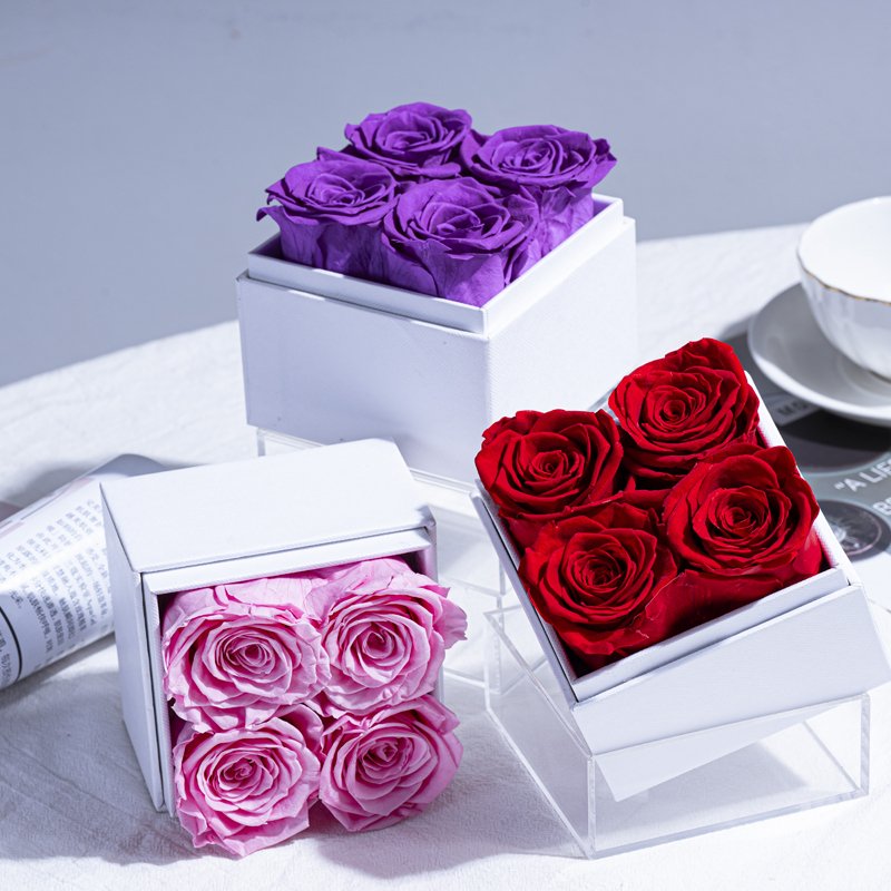 4 Roses Acrylic Lid Square Box S Design Preserved Flowers Plants Easter Chinese New Year Father's Day Thanksgiving Back School