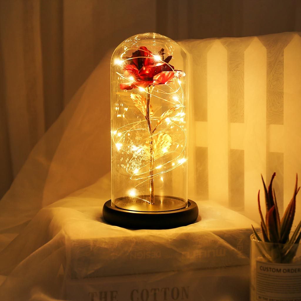 Mother's Day Gift Red Golden Rose In Flask A Glass Dome LED Lamps With Night Light In Glass Dome Preserved Roses In Glass Best gift for Valentine's day