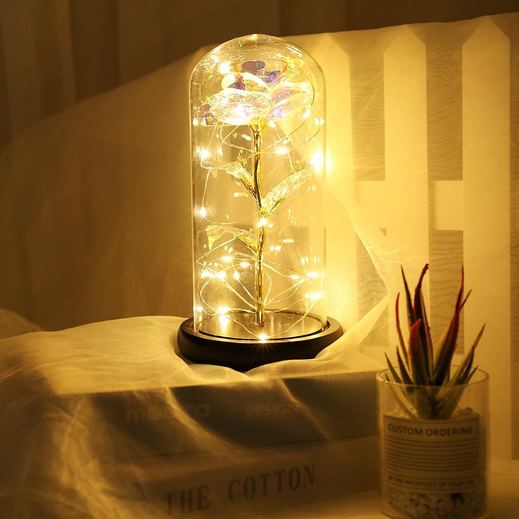 Mother's Day Gift Red Golden Rose In Flask A Glass Dome LED Lamps With Night Light In Glass Dome Preserved Roses In Glass Best gift for Valentine's day