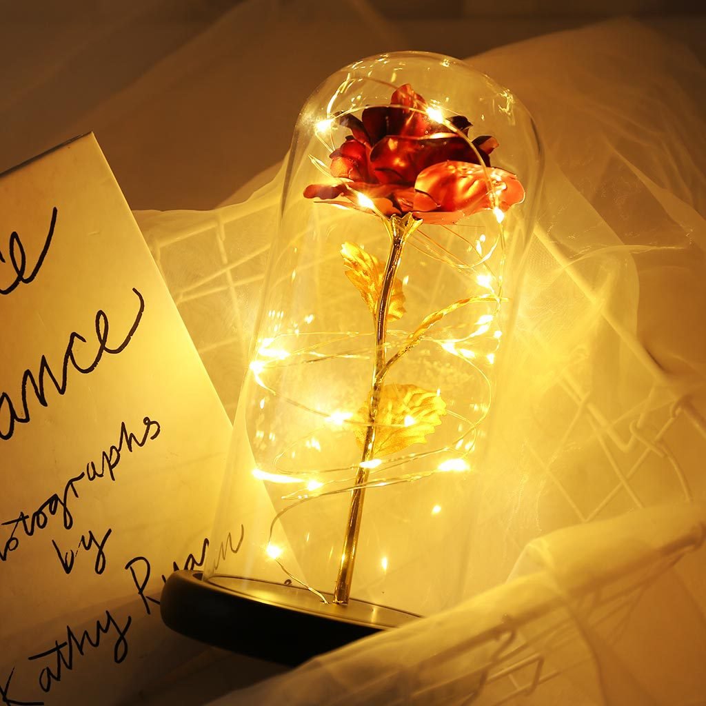 Mother's Day Gift Red Golden Rose In Flask A Glass Dome LED Lamps With Night Light In Glass Dome Preserved Roses In Glass Best gift for Valentine's day