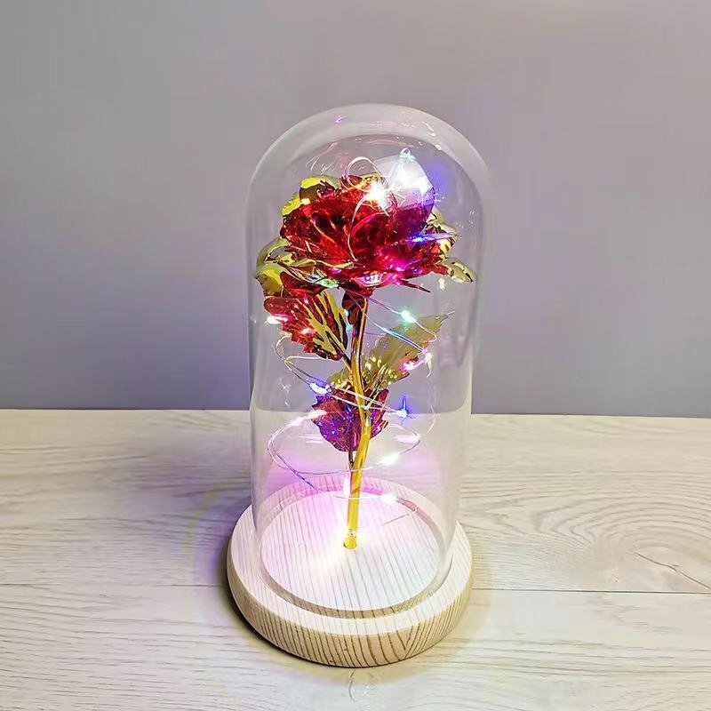 Valentine's Day Gift Decorative Led Night Light Flower Eternal Preserved Rose In Glass Dome