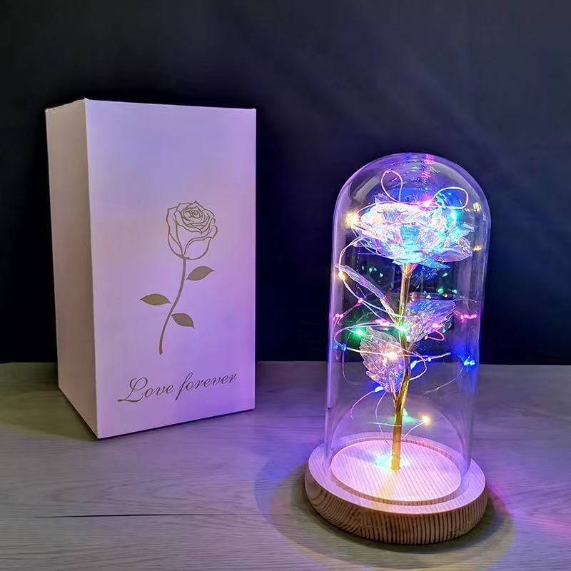 Valentine's Day Gift Decorative Led Night Light Flower Eternal Preserved Rose In Glass Dome