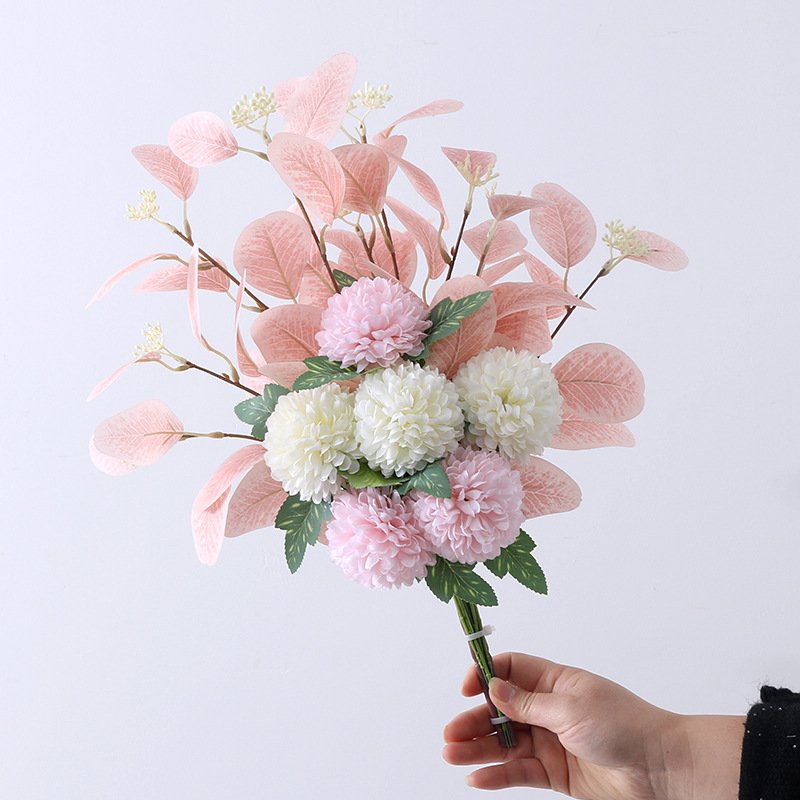 Simulated table tennis chrysanthemum bouquet eucalyptus leaf embroidery ball simulation vase arrangement artificial flowers
