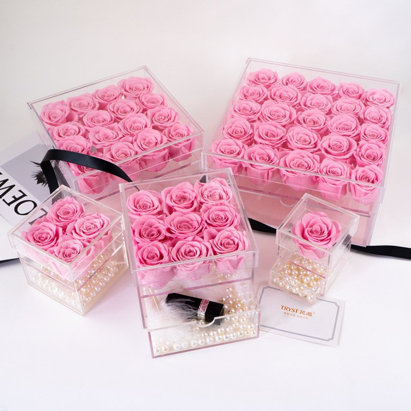Forever Flower Box Eternal Jewelry Acrylic Preserved Roses Artificial Rose Flowers