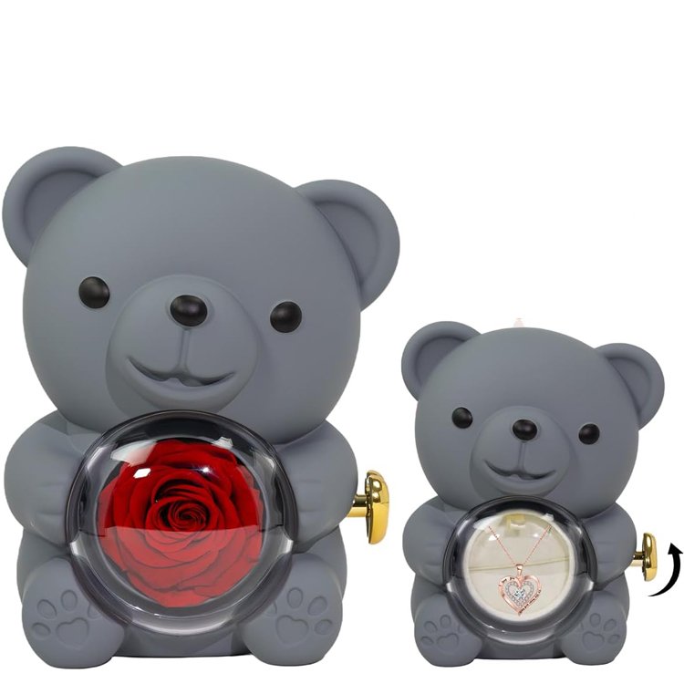 Trending Products 2024 New Arrivals Novelty Cute Peserved Flower Bear Rotating Jewelry Box for Girlfriend Birthday Gift