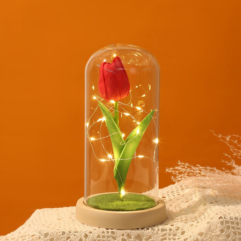 Wholesale Christmas Valentines Day Gift Tulips Preserved Flowers Tulips in Glass Dome With Led Light Gifts for Mom Women