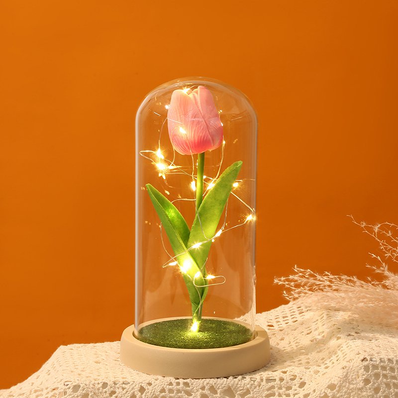 Wholesale Christmas Valentines Day Gift Tulips Preserved Flowers Tulips in Glass Dome With Led Light Gifts for Mom Women